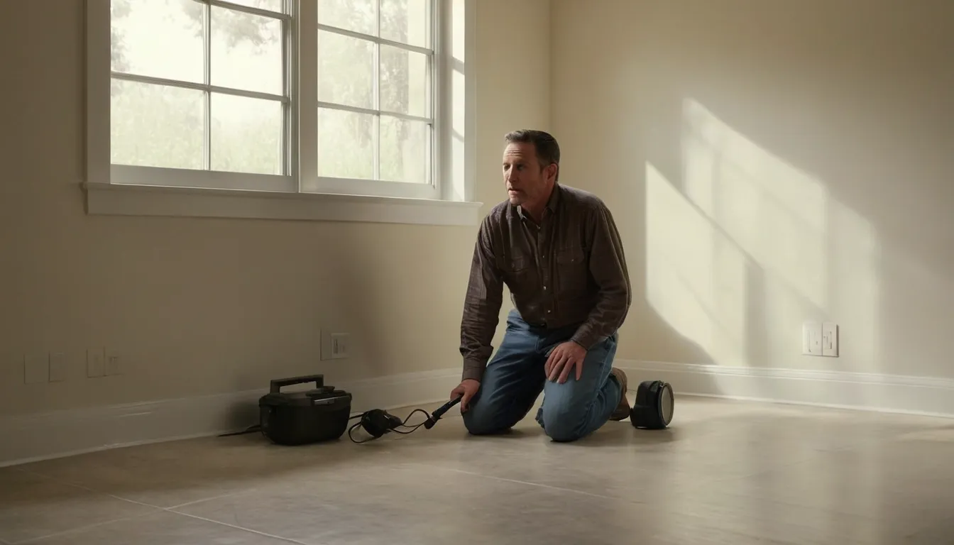 Homeowner checking a kitchen baseboard for signs of pests in a San Jose home