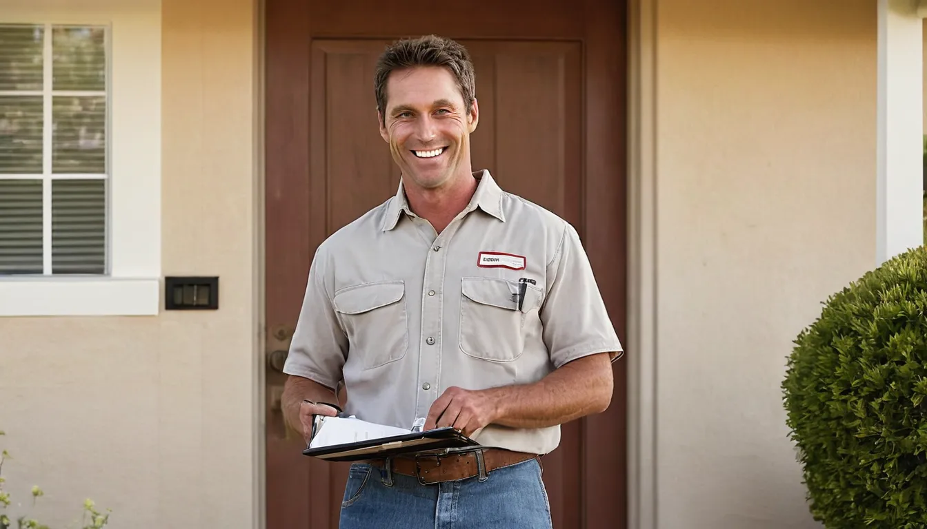 Friendly pest control provider talking with a homeowner at the front door of a stucco home in San Jose